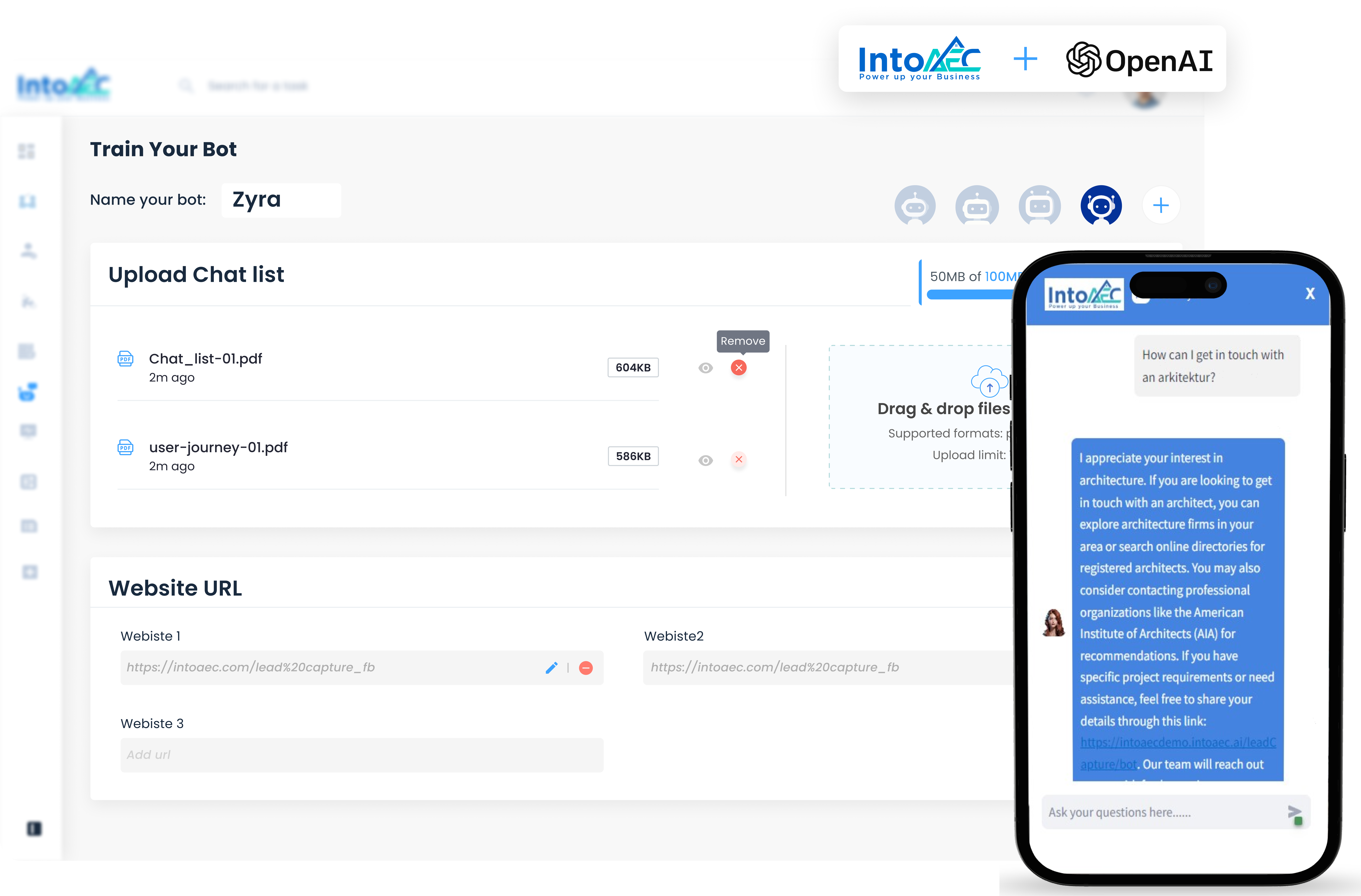Bot training dashboard for Zyra, showing chat list uploads and a live chat interface on a mobile screen.