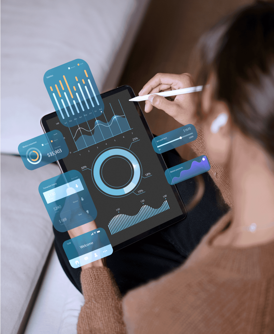 Person using a tablet with interactive data analytics dashboard, displaying charts and graphs with stylus