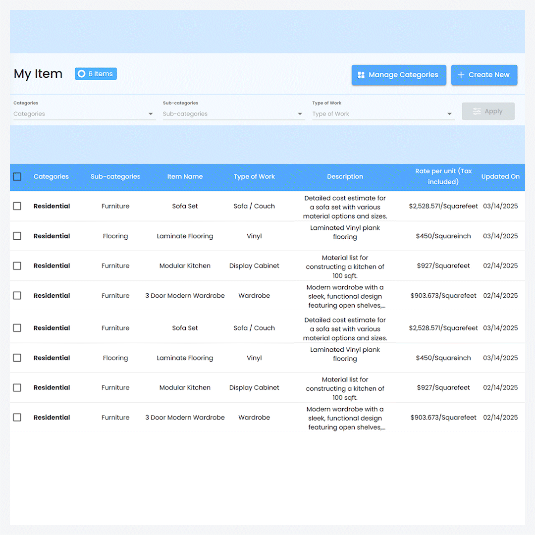 AI-powered BOQ creation in IntoAEC for architects and interior designers, automating quantity takeoff and cost estimation based on project data.