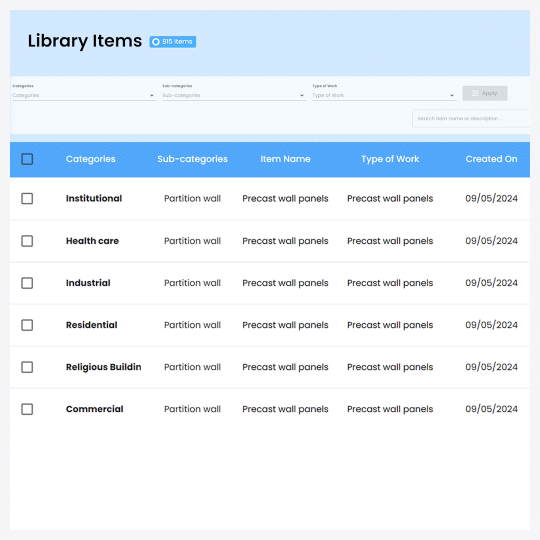 BOQ item library in IntoAEC for architects and interior designers, offering a ready-to-use database of standard materials, works, and units for fast estimate creation.