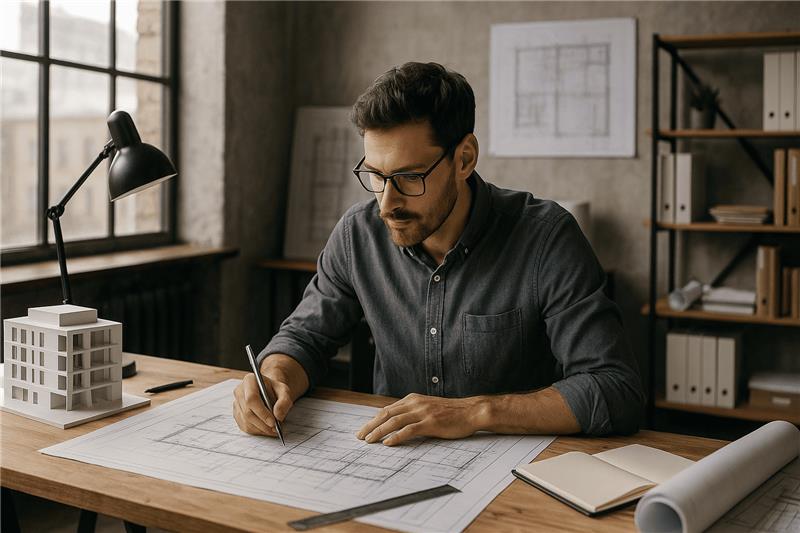 An architect using IntoAEC’s project management software to plan designs, track progress with Gantt charts, and collaborate with teams and clients in real time.