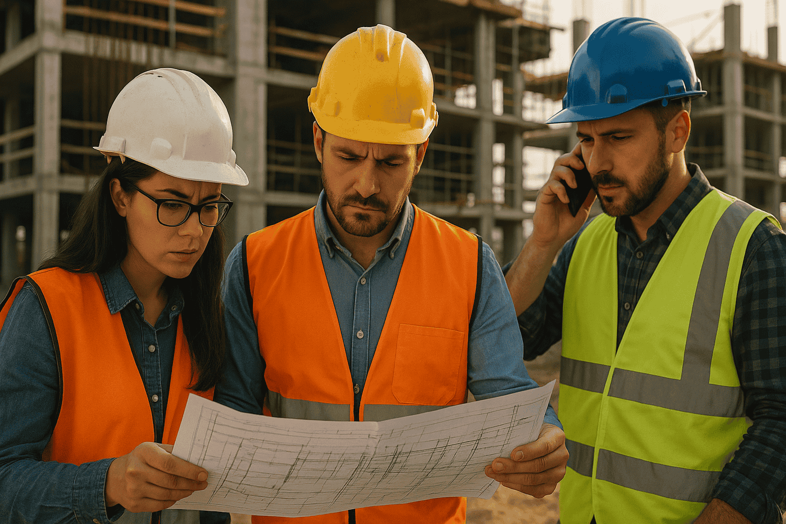 Civil engineers reviewing construction drawings on-site, highlighting coordination issues, drawing mismatches, and communication gaps before using IntoAEC project management software.