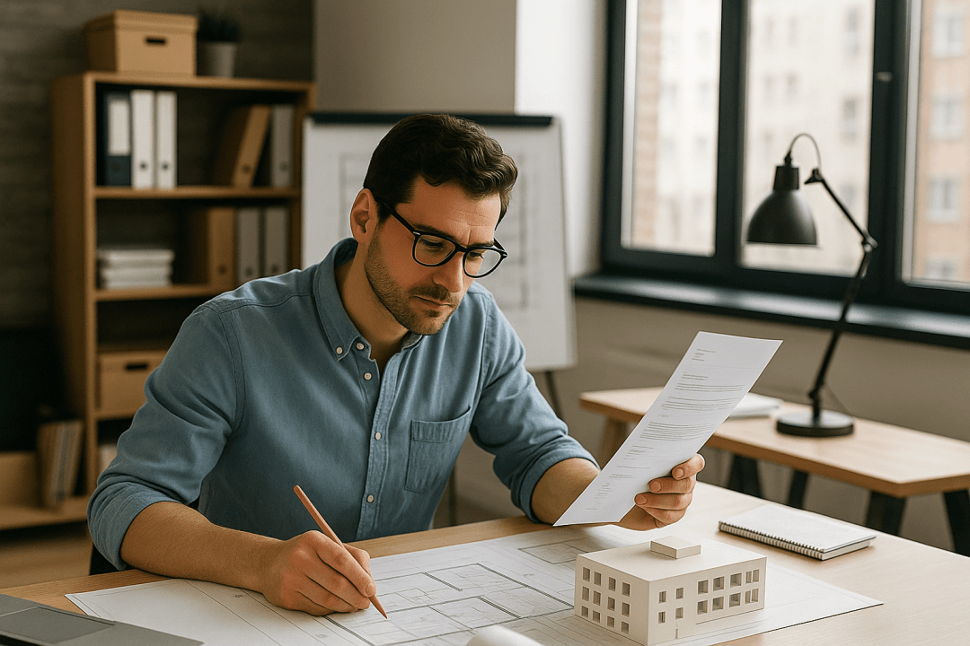 Architect reviewing design plans before using IntoAEC project management software, highlighting challenges faced by architects with disconnected tools and scattered communication.