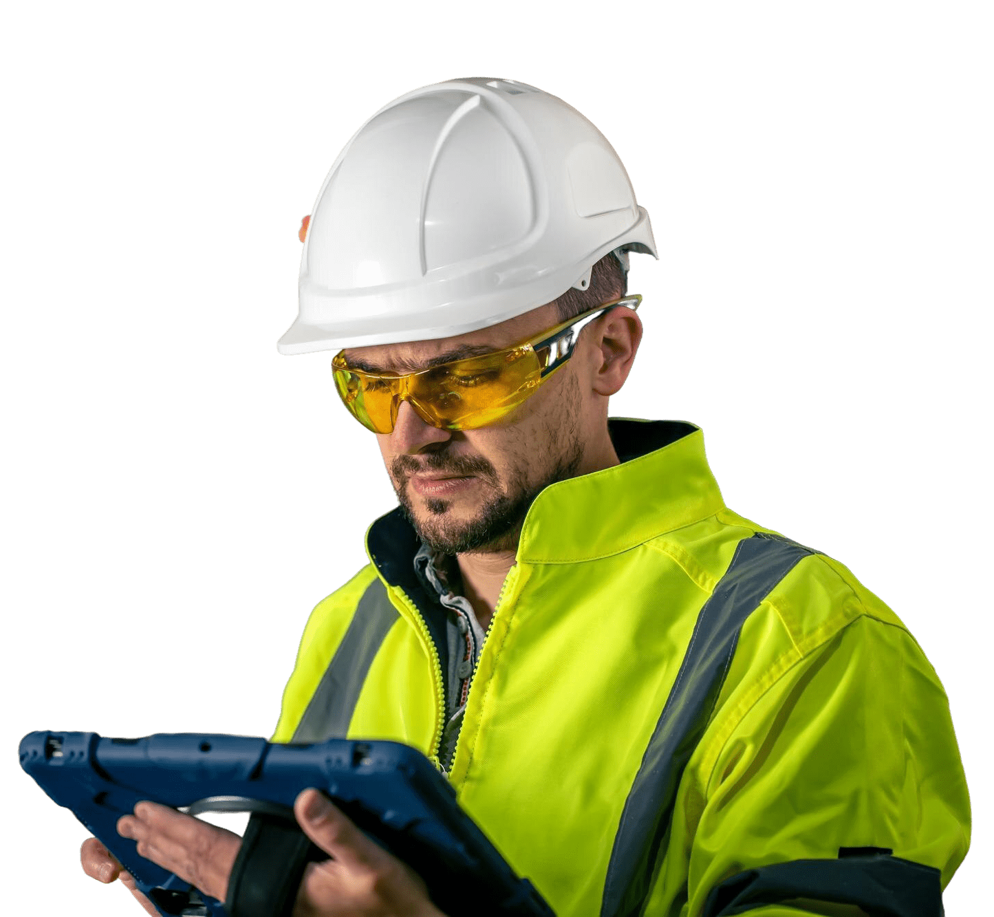 MEP engineer inspecting project drawings on-site with digital tools, representing coordination and design challenges solved by IntoAEC MEP project management software.