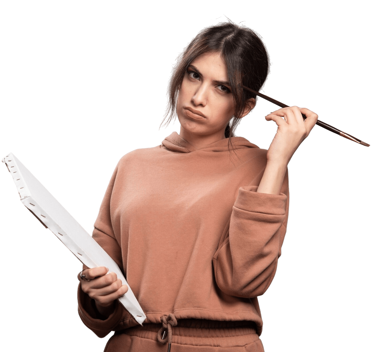 Interior designer holding a color palette and brush, representing creative project challenges and coordination issues solved by IntoAEC interior design management software.