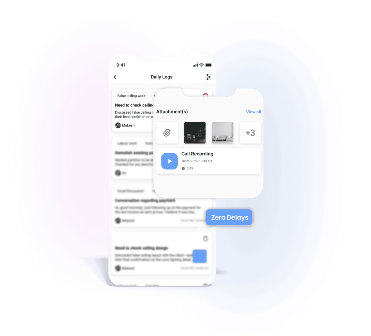 Mobile app for IntoAEC project management showing schedules, task assignments, and dashboards for residential and commercial projects