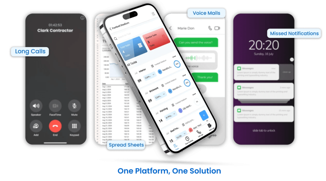 IntoAEC mobile app interface showing project management tools, dashboards, and task management for architects, engineers, and construction teams