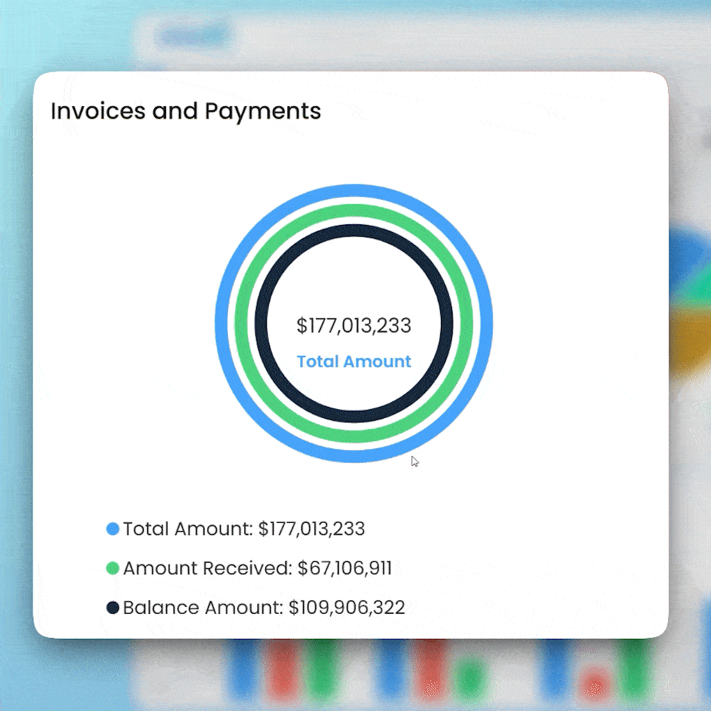 Revenue dashboard showing payment tracking, revenue insights, and financial management for construction and architecture projects.