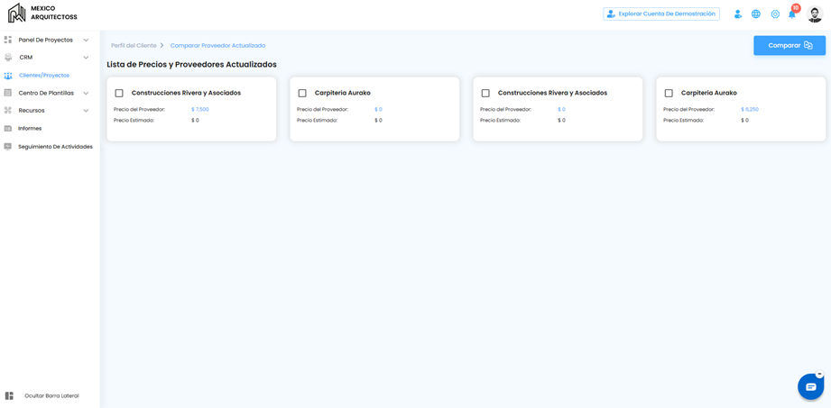 Panel de software de gestión de construcción mostrando comparación de proveedores y precios actualizados para un proyecto.