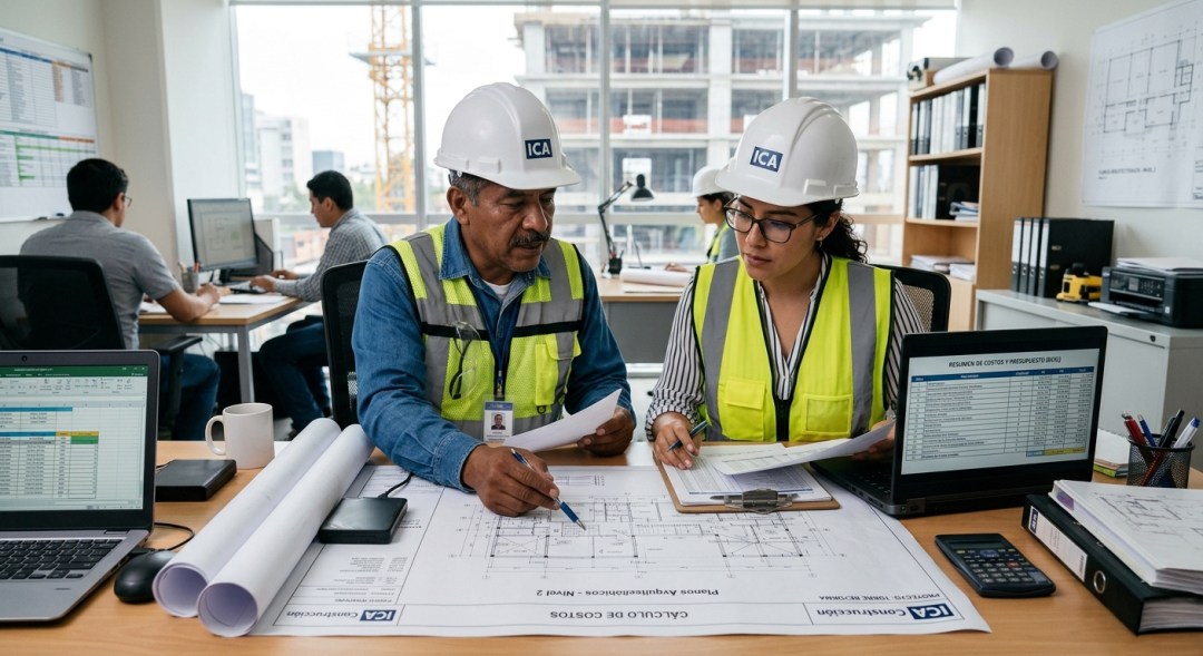 Dos profesionales de construcción en México revisando planos y presupuesto BOQ en oficina de obra — software de estimación de costos MAEC
