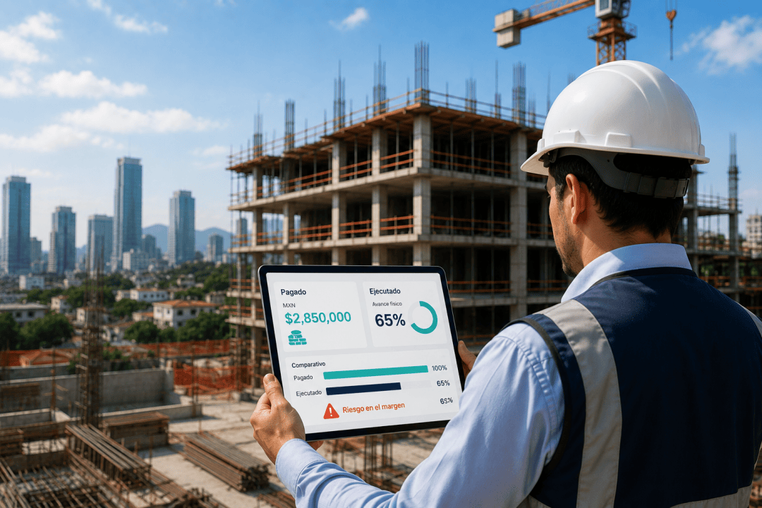 Gerente de construcción revisando el avance físico de una obra y los pagos realizados en tiempo real para controlar la rentabilidad del proyecto en México.