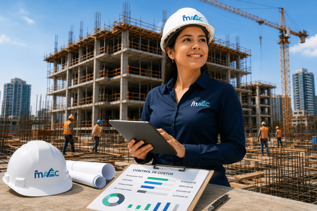 Gerente de construcción en una obra en México revisando el control de costos y el presupuesto del proyecto para garantizar la rentabilidad en tiempo real.