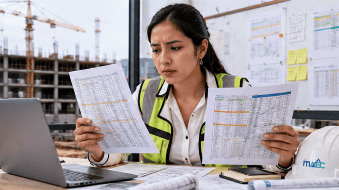 Directora de obra en México comparando versiones de hojas de cálculo Excel con casco MAEC sobre la mesa