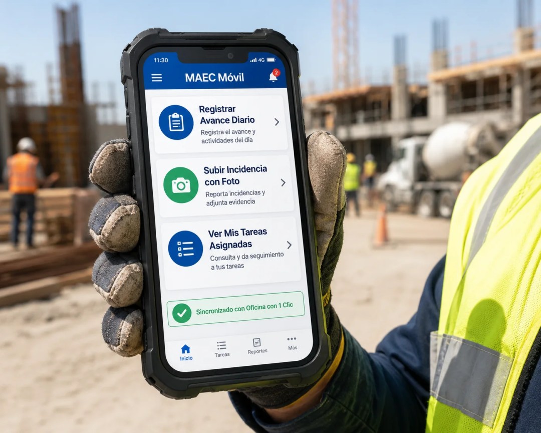Trabajador de construcción mexicano con guantes de trabajo y chaleco reflectante amarillo sosteniendo smartphone con carcasa resistente mostrando la app MAEC Móvil con tres funciones principales: Registrar Avance Diario (registra el avance y actividades del día), Subir Incidencia con Foto (reporta incidencias y adjunta evidencia) y Ver Mis Tareas Asignadas (consulta y da seguimiento a tus tareas), con botón verde de confirmación "Sincronizado con Oficina con 1 Clic" y 2 notificaciones pendientes, frente a obra de concreto armado activa con camión mezclador, trabajadores con cascos naranjas y cielo despejado al fondo en México.