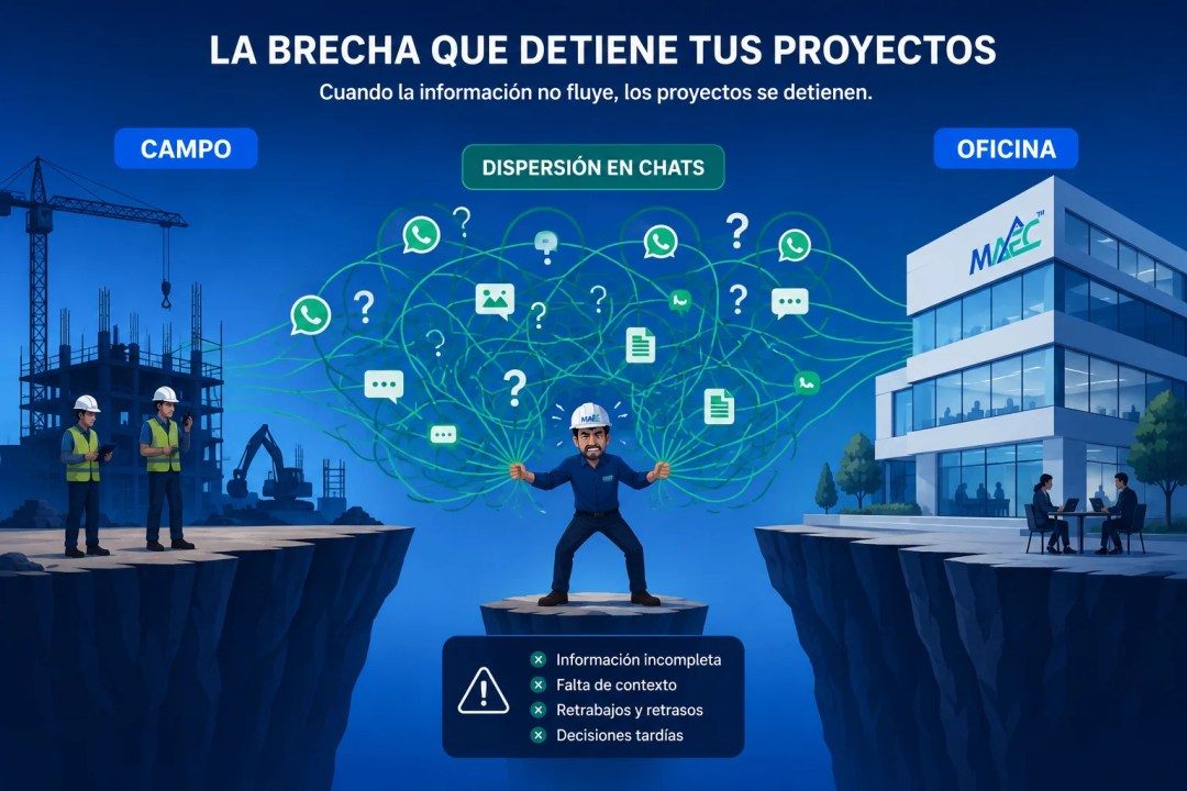 Ilustración conceptual de la brecha de comunicación obra-oficina en México: a la izquierda un sitio de construcción activo con trabajadores con cascos y chalecos amarillos frente a grúa y estructura de concreto; a la derecha un edificio de oficinas moderno con logo MAEC y equipo trabajando en laptops; en el centro un gerente de construcción con casco MAEC parado sobre un peñasco aislado entre ambos mundos, luchando contra una maraña de íconos de WhatsApp, mensajes, fotos y signos de interrogación que representan la dispersión en chats, con cuadro de advertencia que lista información incompleta, falta de contexto, retrabajos y retrasos, y decisiones tardías.