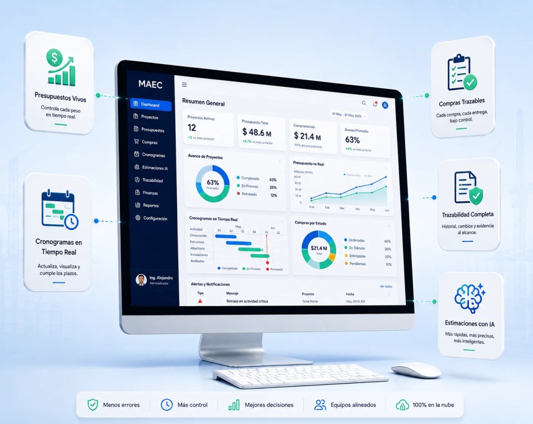 Dashboard principal de MAEC mostrando resumen general de 12 proyectos activos con presupuesto total de $48.6 millones MXN, $21.4 millones comprometidos y avance promedio del 63%, con módulos de avance de proyectos por estado, cronogramas en tiempo real con actividades de cimentación a acabados, gráfica de presupuesto vs real en MXN de enero a junio, compras por estado con $21.4M total distribuido entre ordenadas, en tránsito, entregadas y pendientes, y panel de alertas y notificaciones activas, rodeado de cuatro módulos clave: presupuestos vivos, cronogramas en tiempo real, compras trazables y estimaciones con IA.