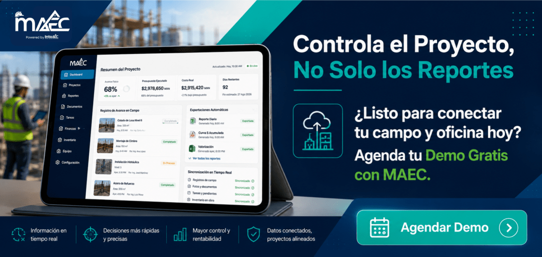 Banner de MAEC con un dashboard de control de obra en una tablet y un profesional con casco al fondo