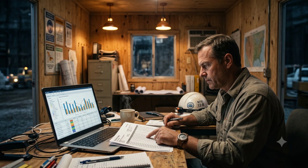 Superintendente de obra comparando reporte de asistencia impreso con dashboard de costos en laptop