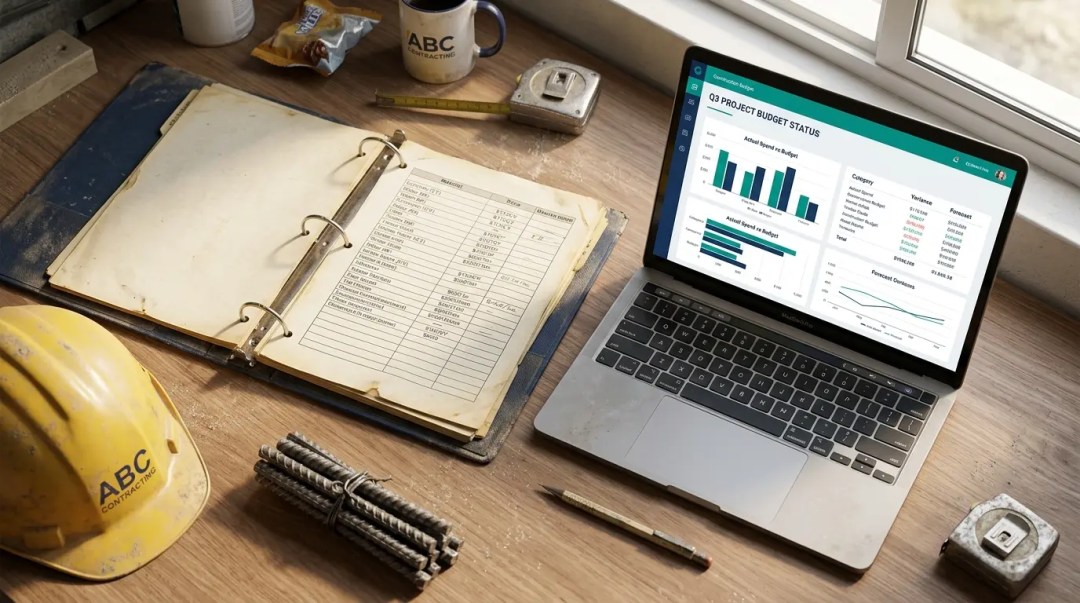 Laptop showing a Q3 construction project budget dashboard next to a handwritten cost tracking binder, hard hat, and rebar on a job site desk.