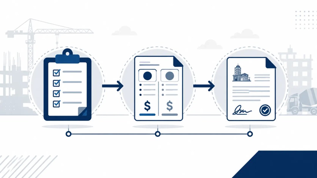 Diagrama del proceso de RFQ en construcción: requisición, cotización de proveedores y orden de compra