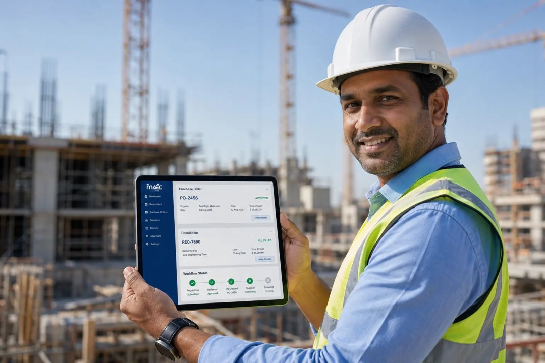 Residente de obra revisando en tablet una orden de compra aprobada en la app de MAEC
