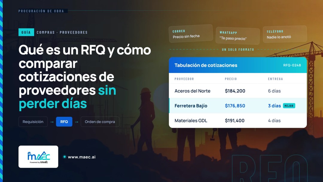 Banner de MAEC sobre qué es un RFQ y cómo comparar cotizaciones de proveedores en construcción, con tabla comparativa de precios y tiempos de entrega