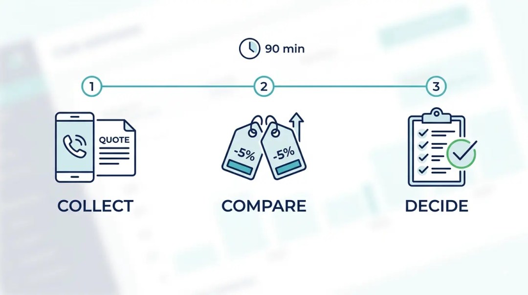 3-step infographic showing a 90-minute manual quote comparison process: collect, compare, decide