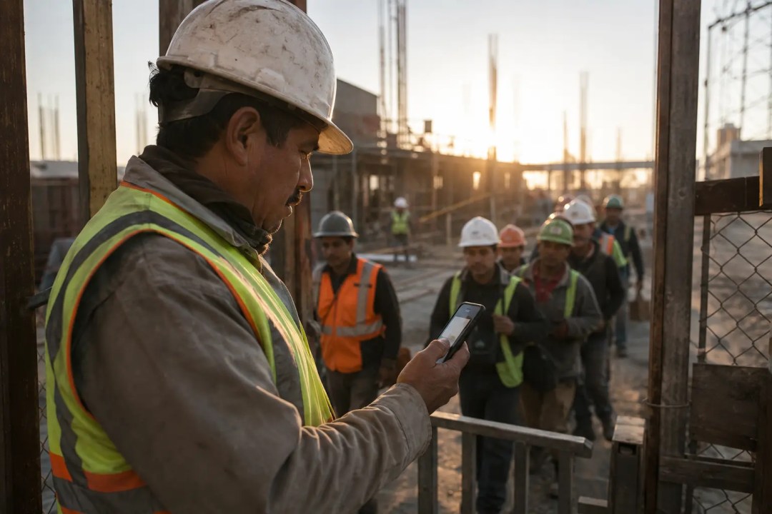 Capataz con casco y chaleco de seguridad revisando su teléfono en la entrada de una obra de construcción al amanecer, con trabajadores, andamios y estructuras de hormigón al fondo.