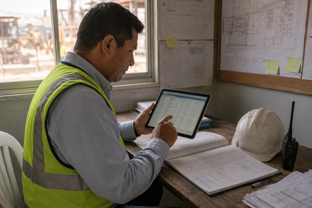 Administrador de obra comparando una tableta con una bitácora de construcción abierta en una oficina de obra, con planos y equipo de trabajo desenfocados al fondo.