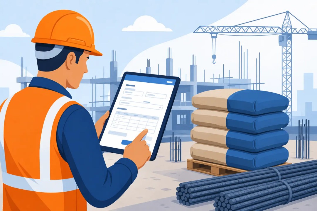 Trabajador de la construcción con casco naranja revisando software de gestión de proyectos en tablet, con varillas, cemento y grúa de fondo.