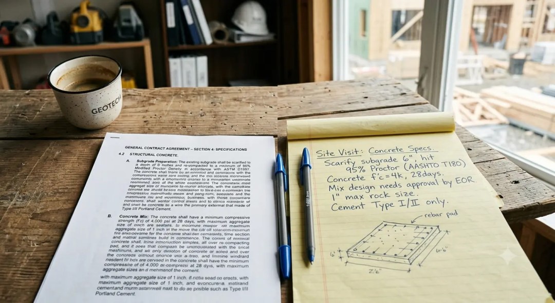Documento de contrato general de obra, sección de especificaciones técnicas para concreto estructural. Incluye requisitos de preparación de subrasante, diseño de mezcla con resistencia 40 MPa a 28 días y cemento Tipo II. En la parte inferior, notas de visita a obra que resumen los mismos puntos: escarificar 6", compactación 95% Proctor, f'c = 4k, aprobación de EORI, cemento Tipo II y "rebar pad".