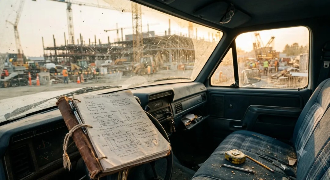 Interior de una camioneta con un cuaderno de campo lleno de anotaciones y herramientas en el asiento, mirando hacia una obra de construcción al atardecer.