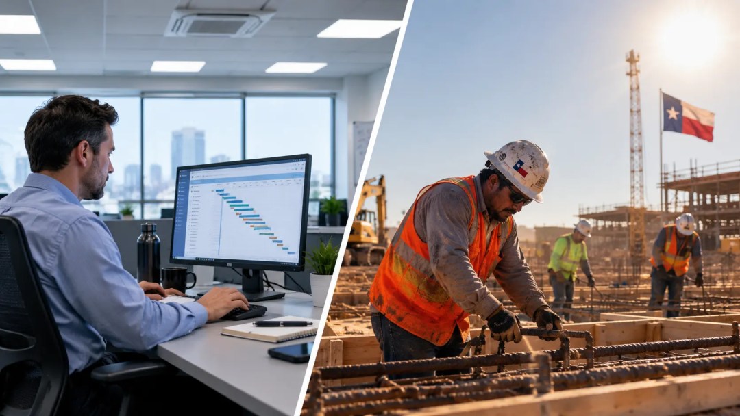 Imagen dividida en dos: a la izquierda, un hombre en una oficina mirando un gráfico de proyecto en su computadora; a la derecha, un obrero de la construcción con casco y chaleco reflectante manipulando varillas de hierro en una obra bajo el sol.