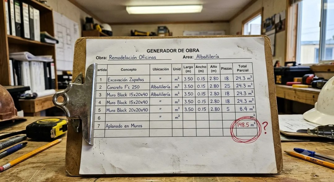 Tabla de generador de obra para remodelación de oficinas, con área de trabajo clasificada como "Albañilería". Muestra seis partidas con sus dimensiones y totales parciales. Al pie, una pregunta resaltada: "¿Qué es el área de la obra?"