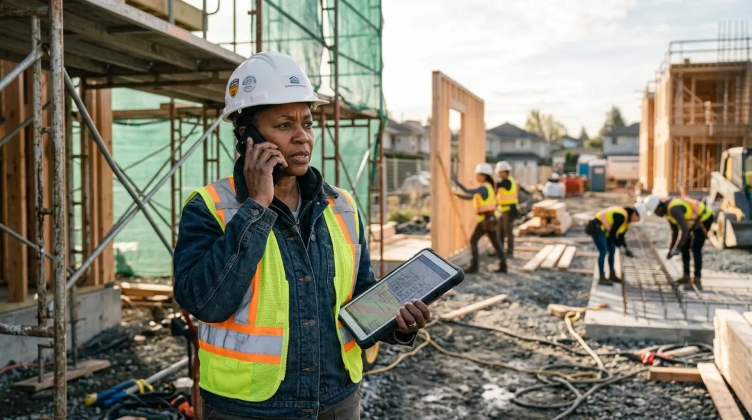 Supervisora de construcción con casco blanco hablando por teléfono y sosteniendo una tablet con un plano, trabajadores al fondo en el sitio de obra