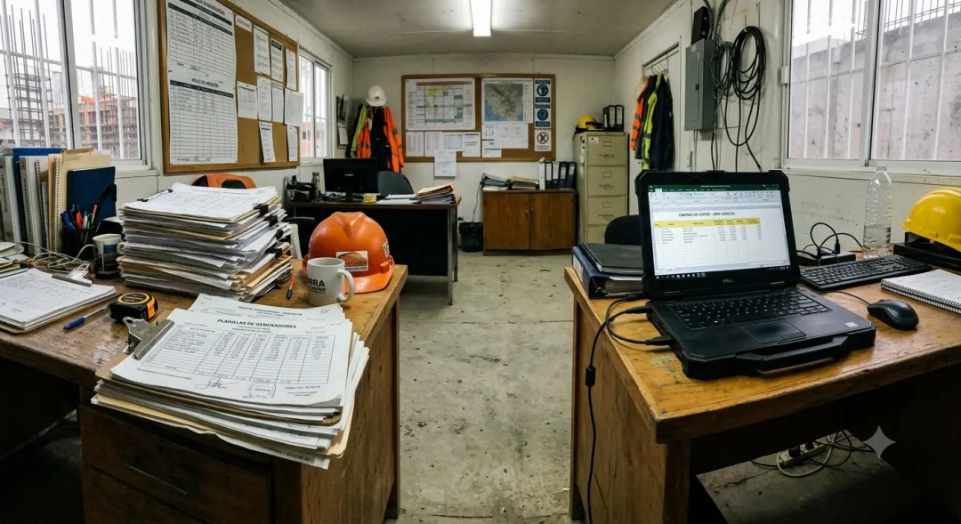 Interior de una oficina de obra con dos escritorios llenos de papeles, una laptop encendida y cascos de seguridad, con archivadores y paneles al fondo.
