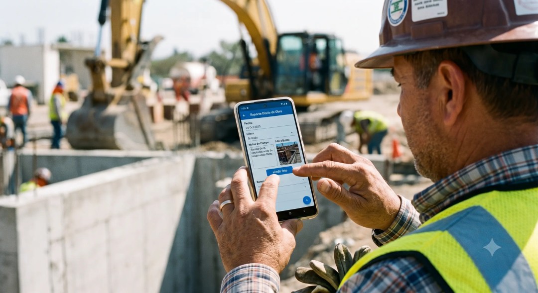 Trabajador de la construcción con casco y chaleco de seguridad sosteniendo un teléfono móvil con una aplicación de "Reporte Diario de Obra" en español, con una excavadora amarilla y otros obreros de fondo.