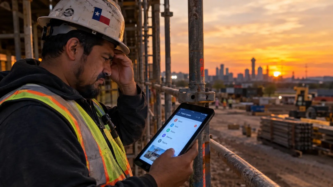 Trabajador de la construcción en una obra, con casco y chaleco reflectante, mirando una tableta con expresión de estrés, con el fondo de la ciudad al atardecer.