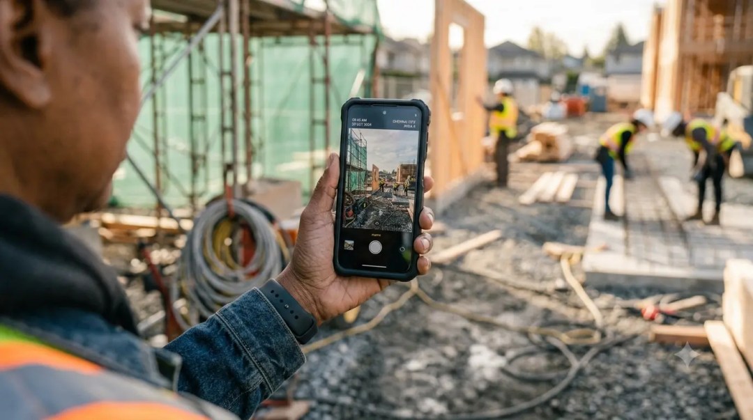 Trabajador de la construcción fotografiando el sitio de obra con un teléfono que muestra hora y ubicación en pantalla, otros trabajadores al fondo