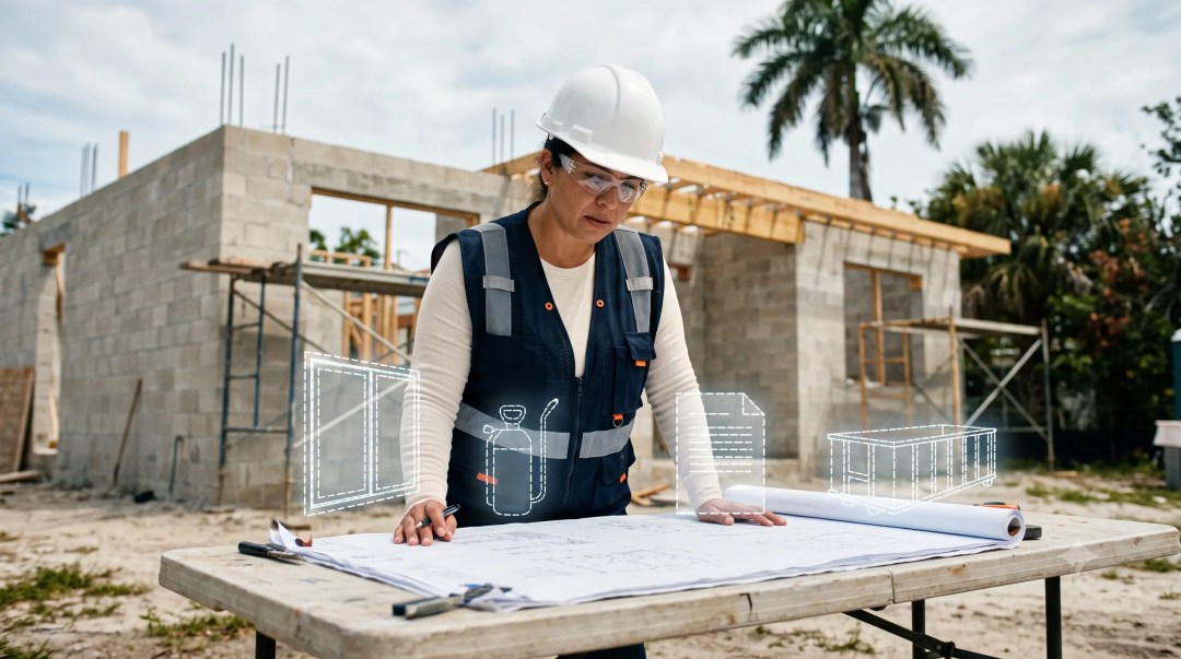 Contratista con casco y chaleco reflectante revisando un plano frente a una casa de bloque en construcción en Florida, con íconos punteados de ventana de impacto, rociador contra termitas, permiso y contenedor de escombro.