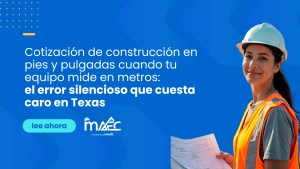 Banner de MAEC con el título “Cotización de construcción en pies y pulgadas cuando tu equipo mide en metros: el error silencioso que cuesta caro en Texas”, botón “lee ahora” y una trabajadora con casco y chaleco naranja sosteniendo un plano.