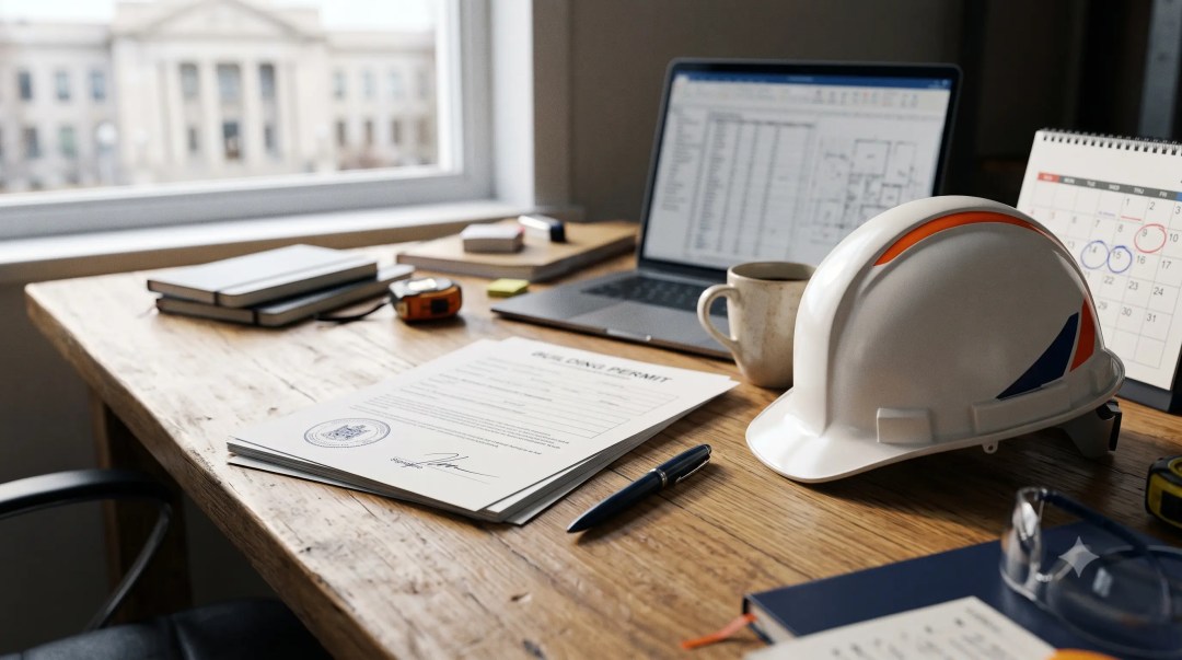 Escritorio de contratista con un permiso de construcción sellado y firmado, casco, laptop con hoja de cálculo y calendario con fechas marcadas.