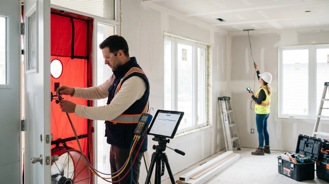 Técnico realizando una prueba de hermeticidad con ventilador blower door en la puerta de una casa nueva, con tableta de lecturas y una segunda técnica revisando el techo.