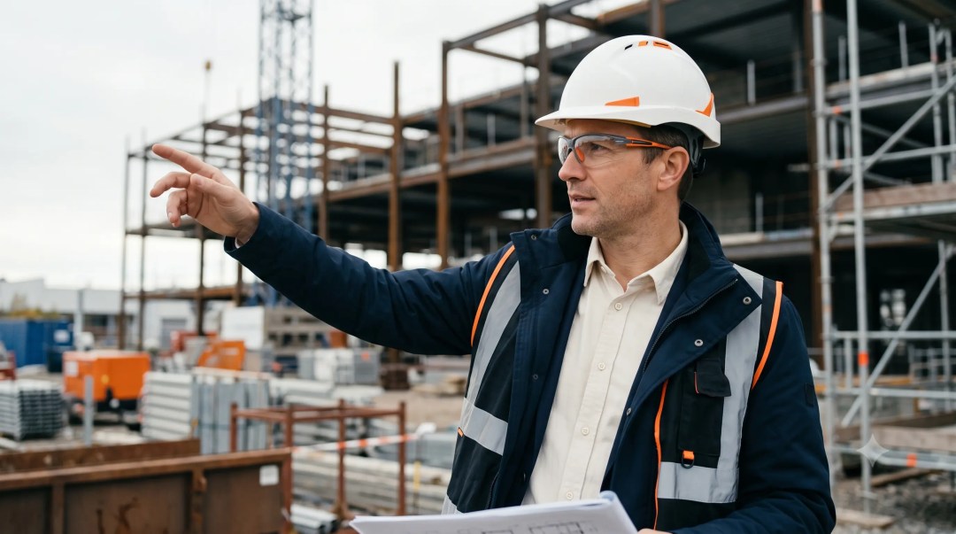 Supervisor de obra con casco blanco y chamarra reflectante señalando mientras sostiene planos frente a una estructura de acero en construcción.